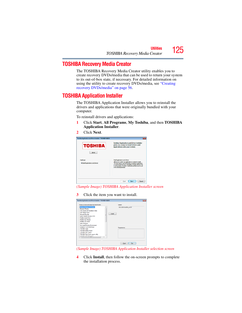 Toshiba recovery media creator, Toshiba application installer | Toshiba NB250 User Manual | Page 125 / 197