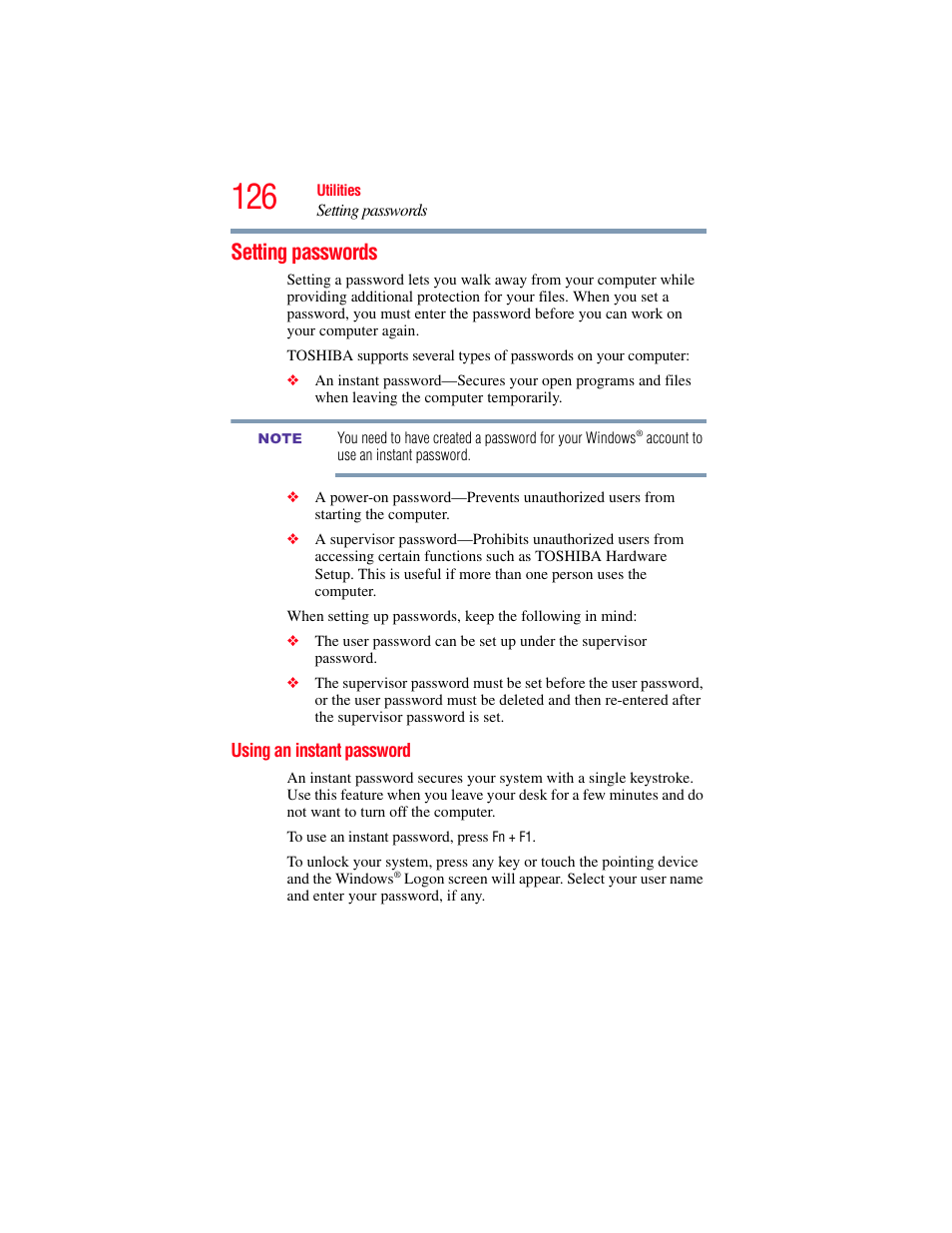 Setting passwords, Using an instant password | Toshiba NB250 User Manual | Page 126 / 197