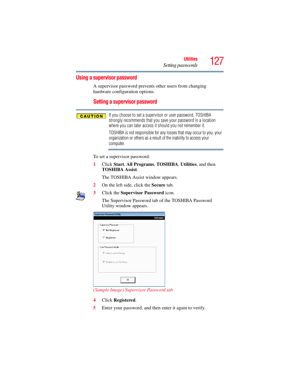 Using a supervisor password, Supervisor password | Toshiba NB250 User Manual | Page 127 / 197