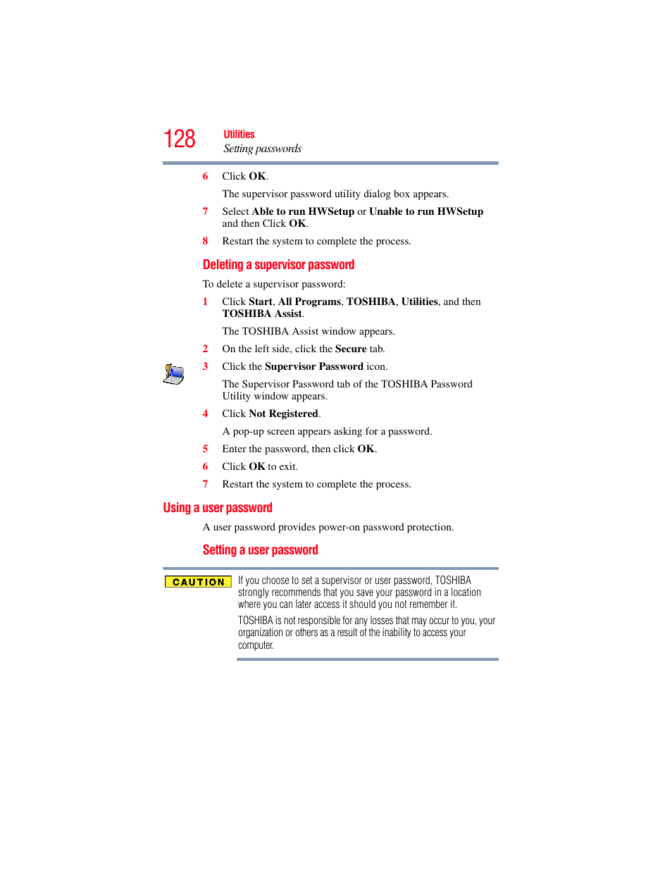 Using a user password, User password | Toshiba NB250 User Manual | Page 128 / 197