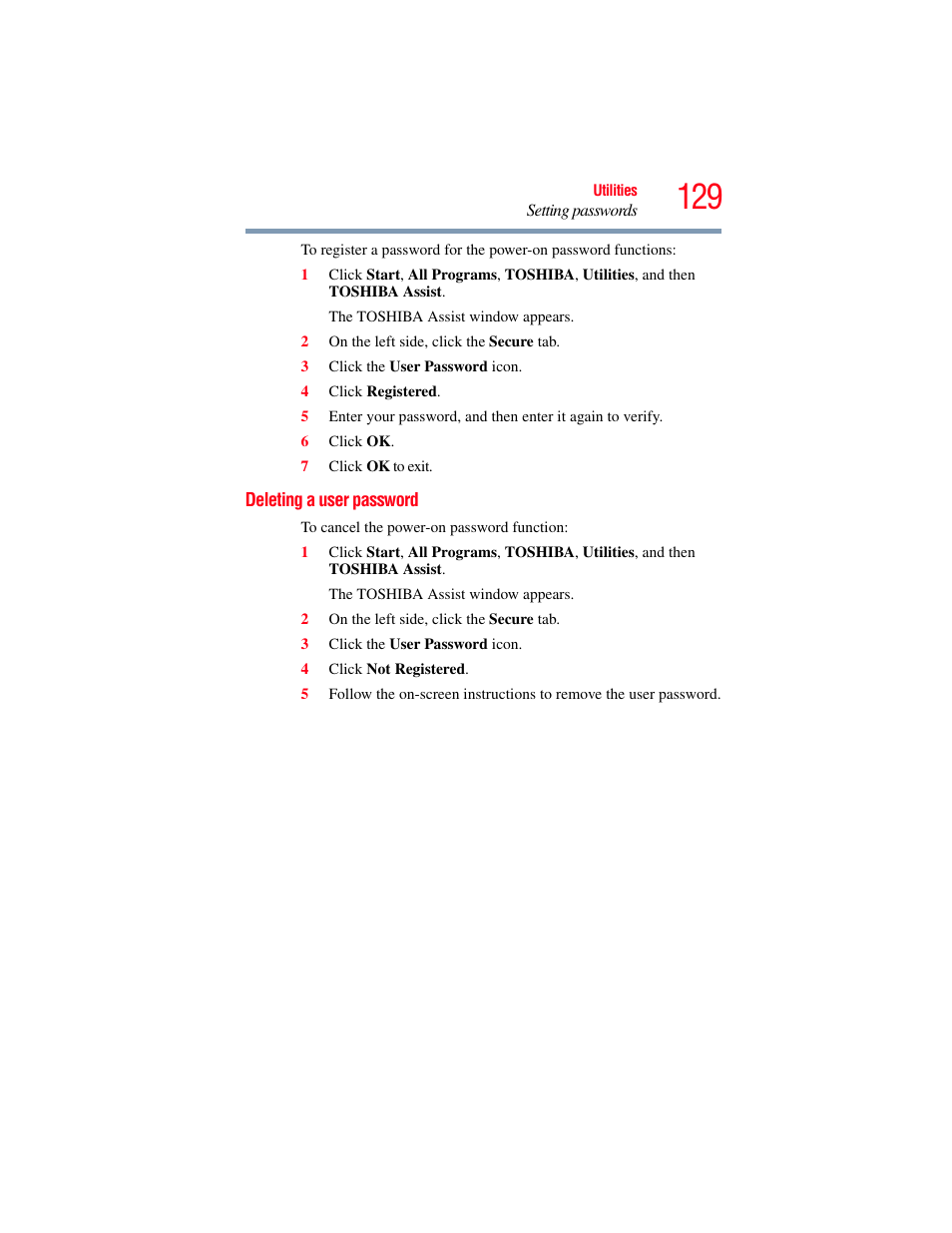 Deleting a user password | Toshiba NB250 User Manual | Page 129 / 197