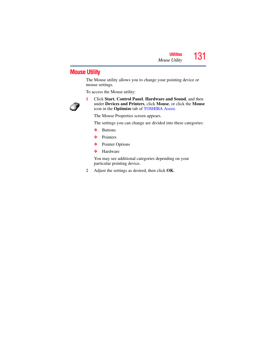 Mouse utility | Toshiba NB250 User Manual | Page 131 / 197
