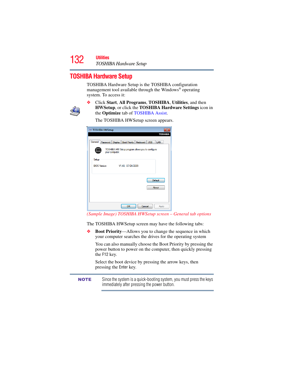 Toshiba hardware setup, Hardw | Toshiba NB250 User Manual | Page 132 / 197