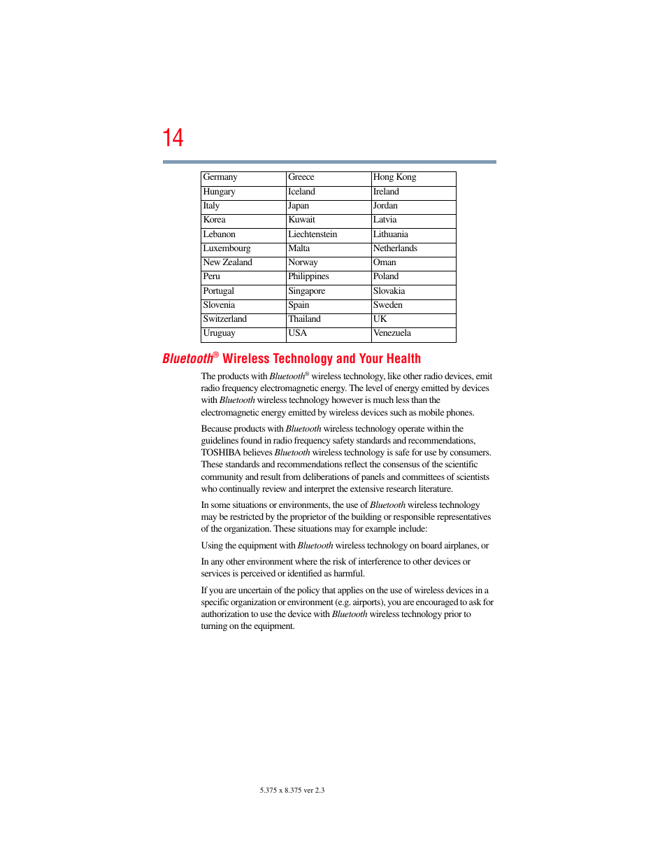 Bluetooth, Wireless technology and your health | Toshiba NB250 User Manual | Page 14 / 197