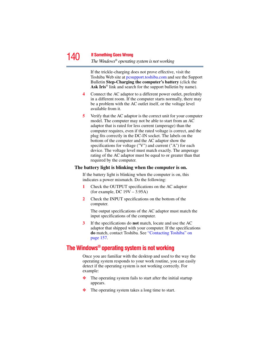 The windows® operating system is not working, The windows, Operating system is not | Working, Operating system is not working | Toshiba NB250 User Manual | Page 140 / 197