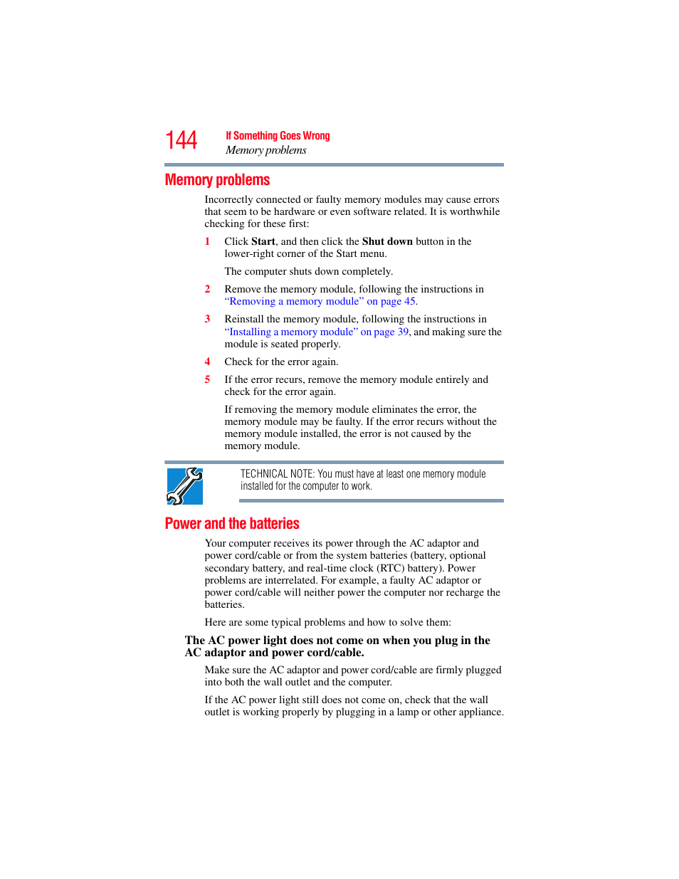 Memory problems, Power and the batteries, Memory problems power and the batteries | Toshiba NB250 User Manual | Page 144 / 197