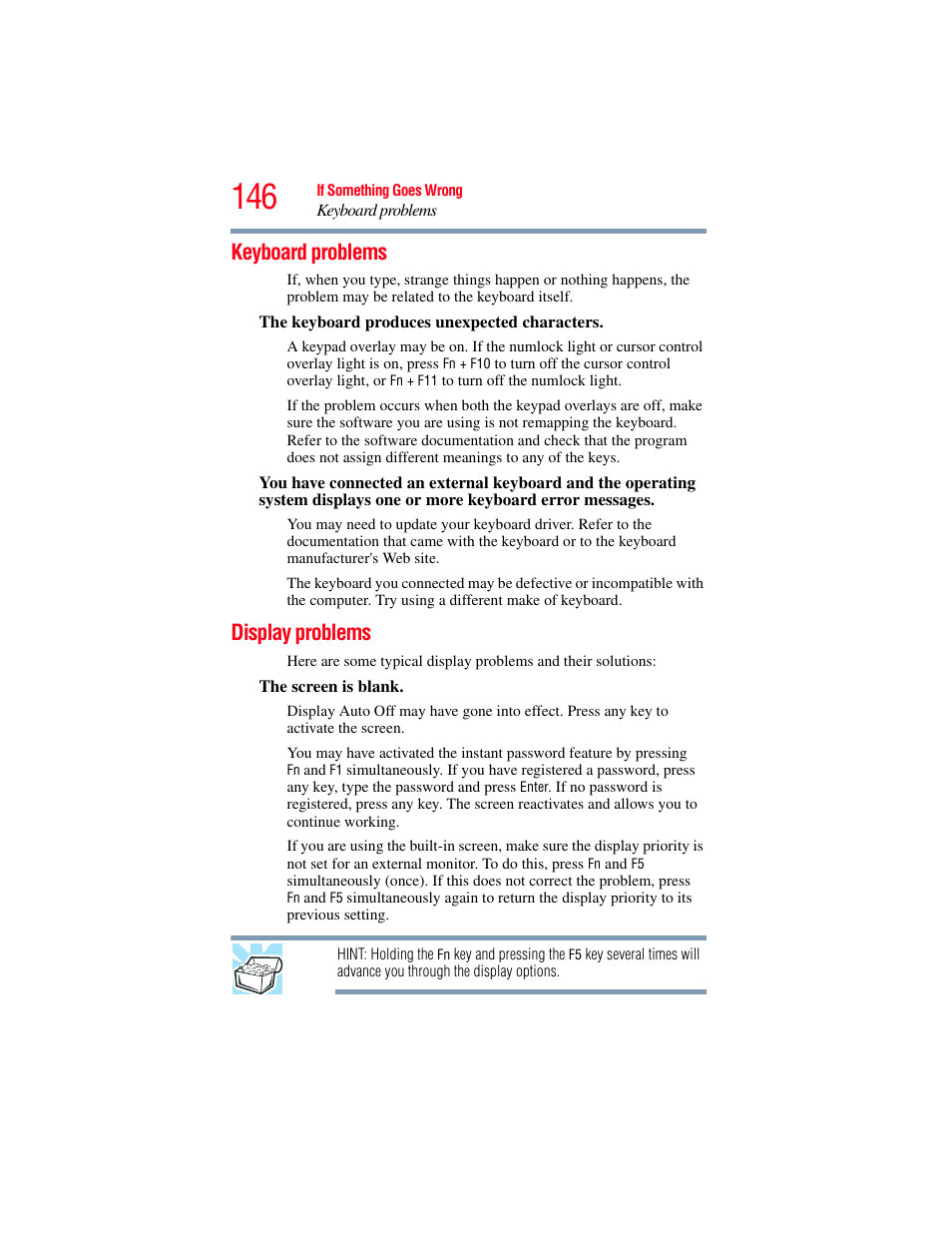 Keyboard problems, Display problems, Keyboard problems display problems | Toshiba NB250 User Manual | Page 146 / 197