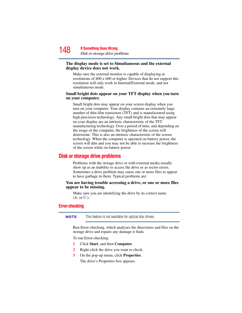 Disk or storage drive problems, Error-checking | Toshiba NB250 User Manual | Page 148 / 197