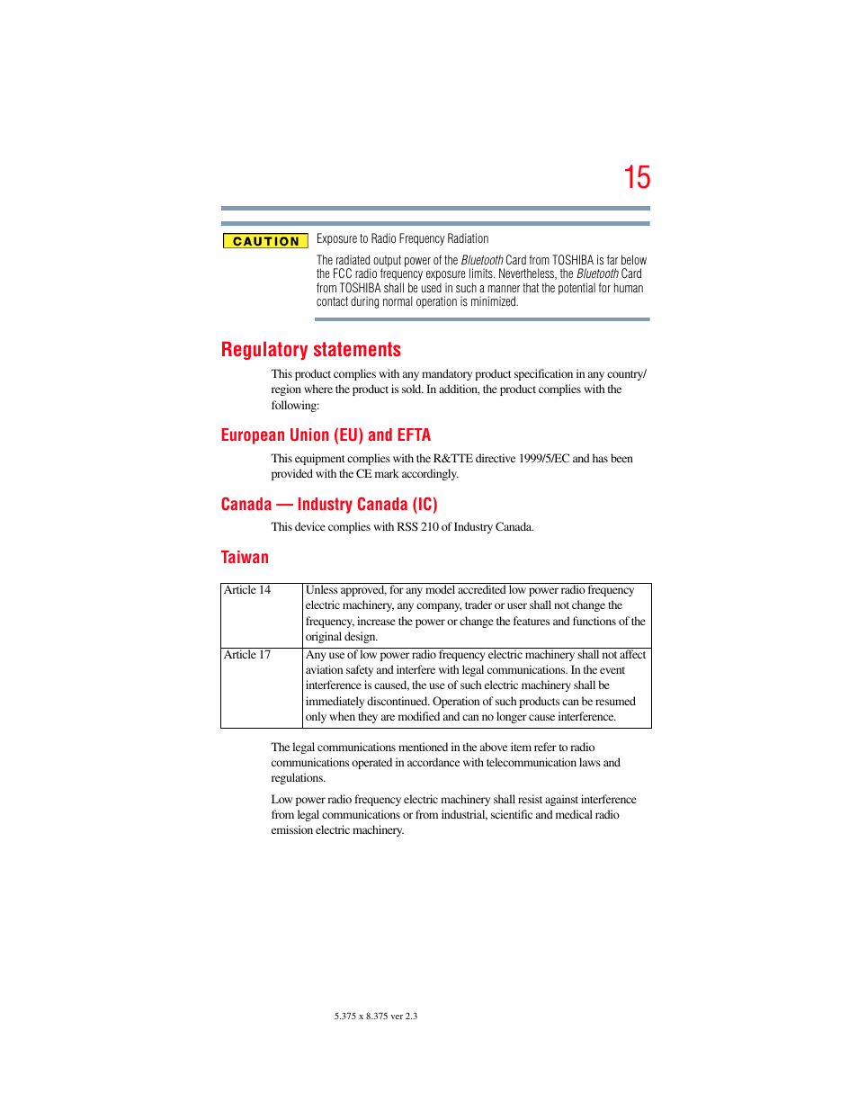 Regulatory statements | Toshiba NB250 User Manual | Page 15 / 197