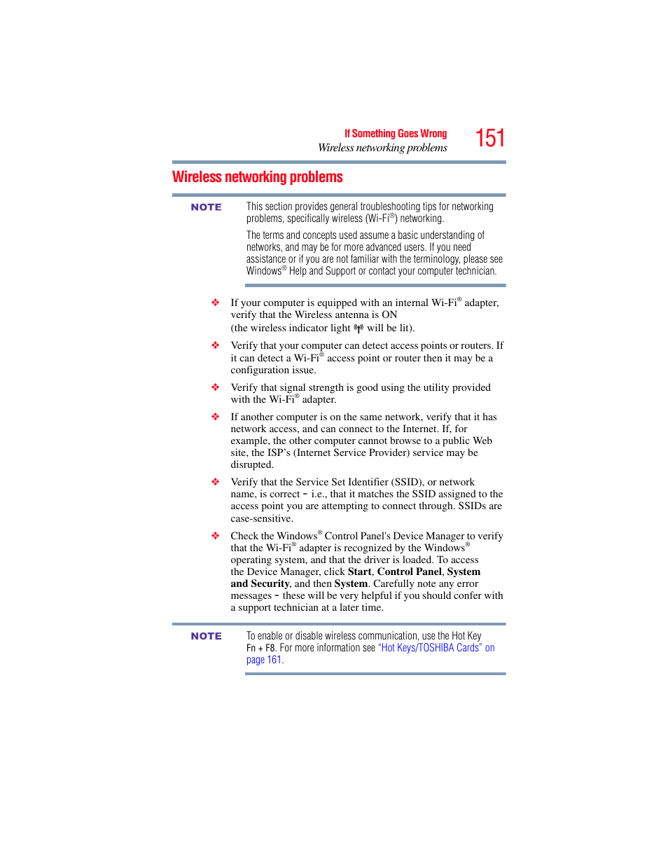 Wireless networking problems | Toshiba NB250 User Manual | Page 151 / 197