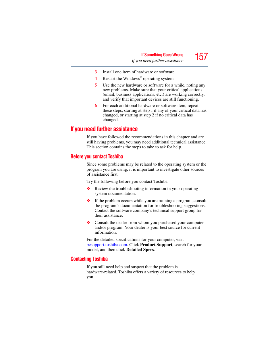 If you need further assistance, Before you contact toshiba, Contacting toshiba | Toshiba NB250 User Manual | Page 157 / 197