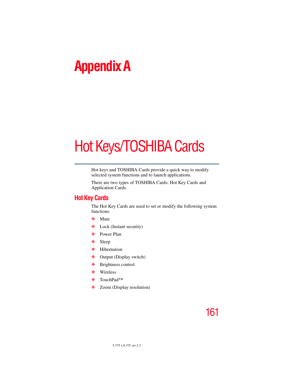 Appendix a: hot keys/toshiba cards, Hot key cards, Hot keys/toshiba cards” on | Hot keys/toshiba cards, Appendix a | Toshiba NB250 User Manual | Page 161 / 197