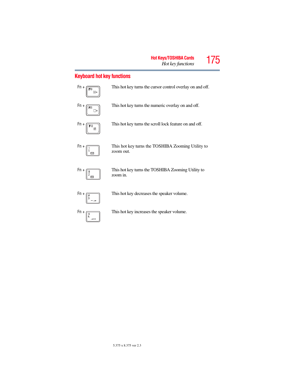 Keyboard hot key functions | Toshiba NB250 User Manual | Page 175 / 197