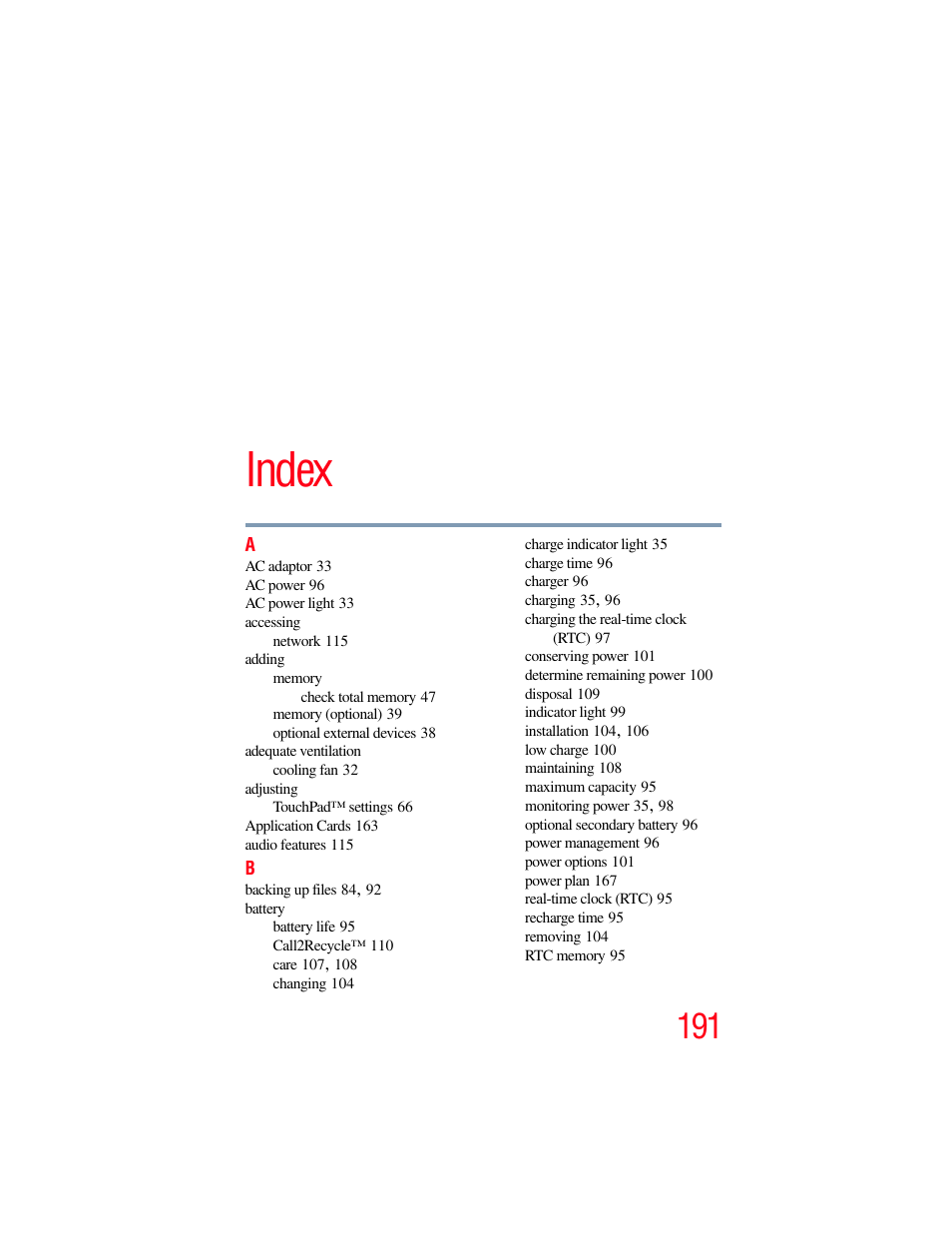 Index | Toshiba NB250 User Manual | Page 191 / 197