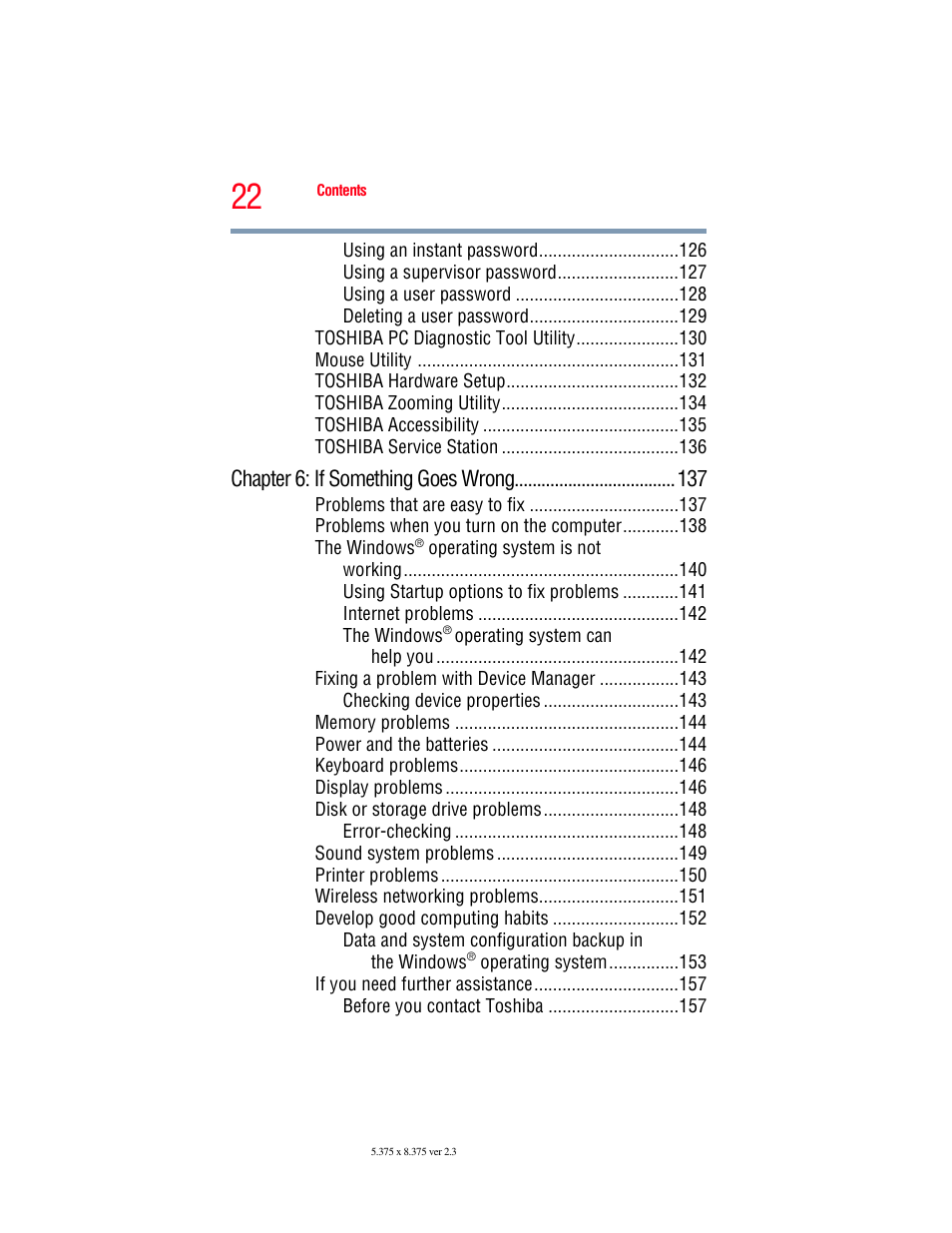 Chapter 6: if something goes wrong | Toshiba NB250 User Manual | Page 22 / 197