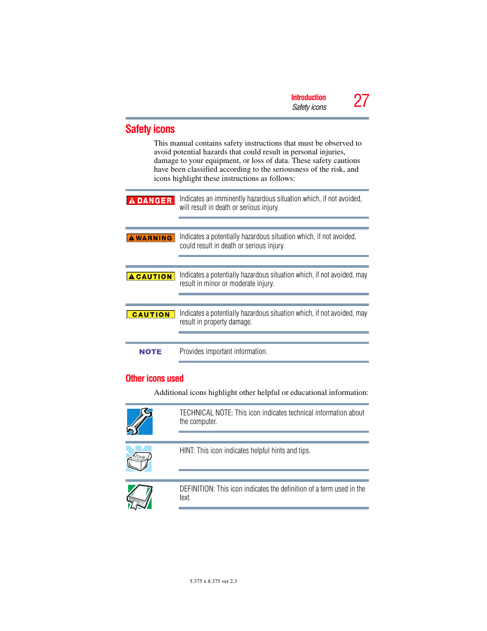 Safety icons, Other icons used | Toshiba NB250 User Manual | Page 27 / 197