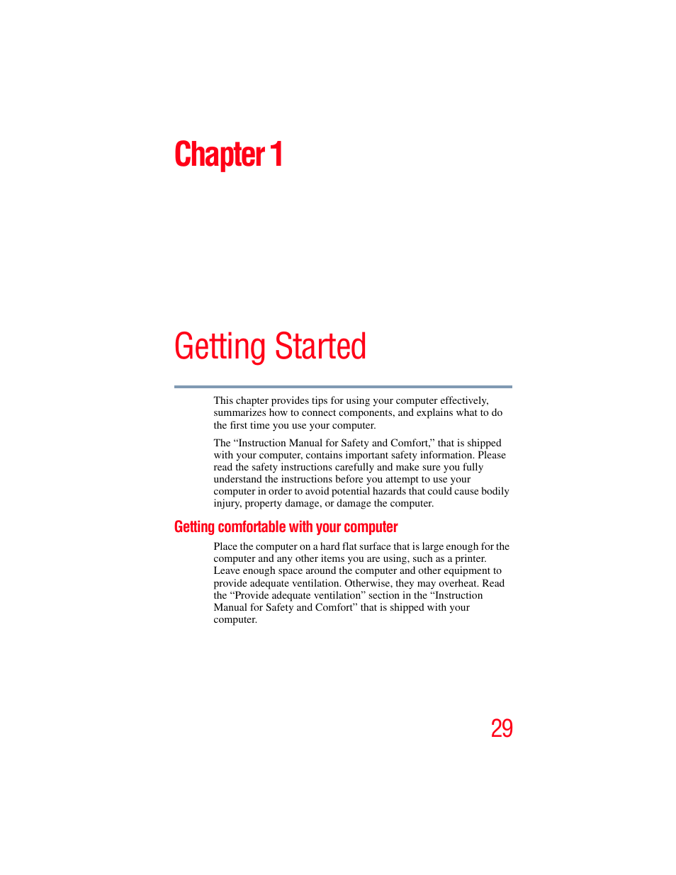 Chapter 1: getting started, Getting comfortable with your computer, Getting started | Chapter 1 | Toshiba NB250 User Manual | Page 29 / 197