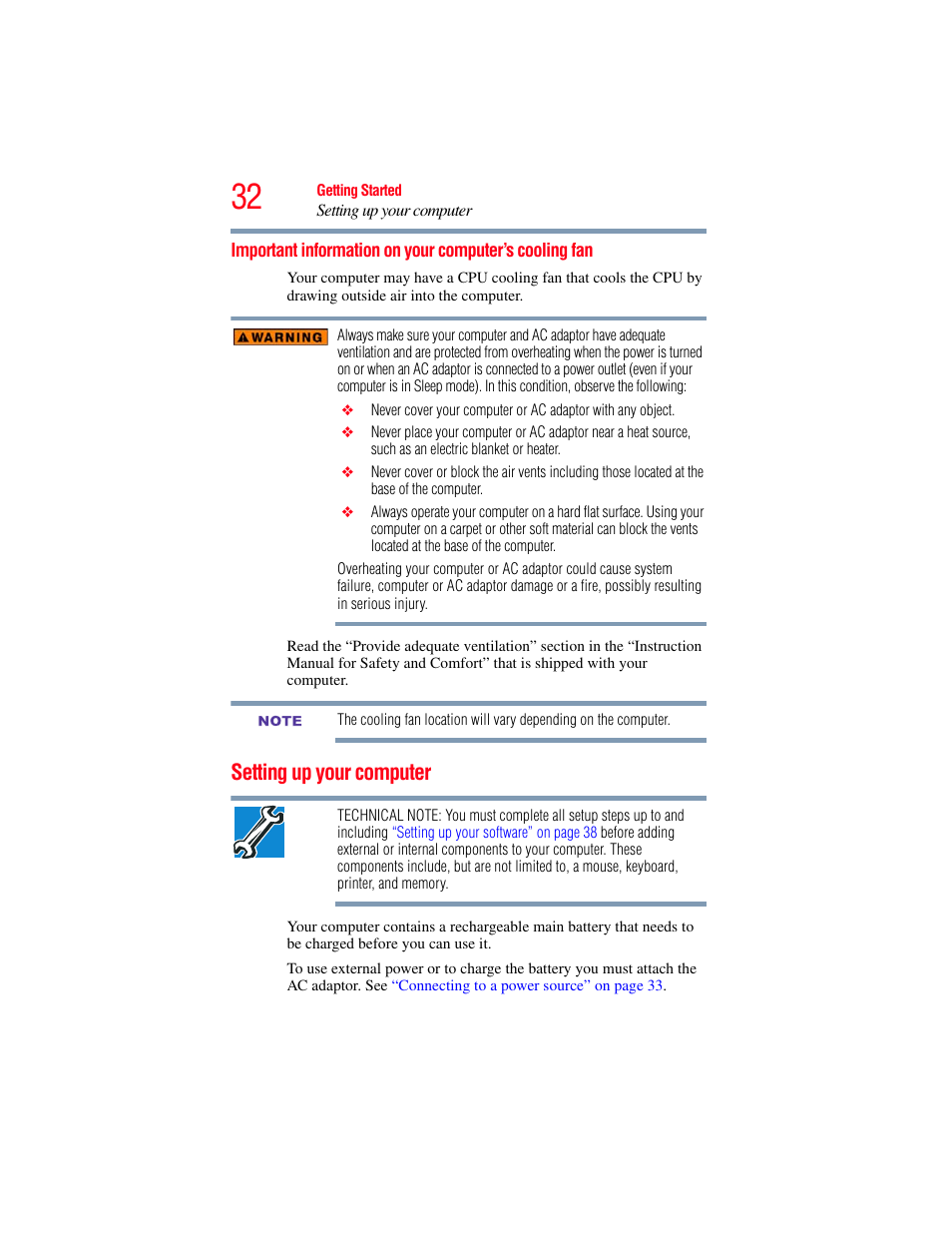 Setting up your computer, Important information on your computer’s, Cooling fan | Toshiba NB250 User Manual | Page 32 / 197