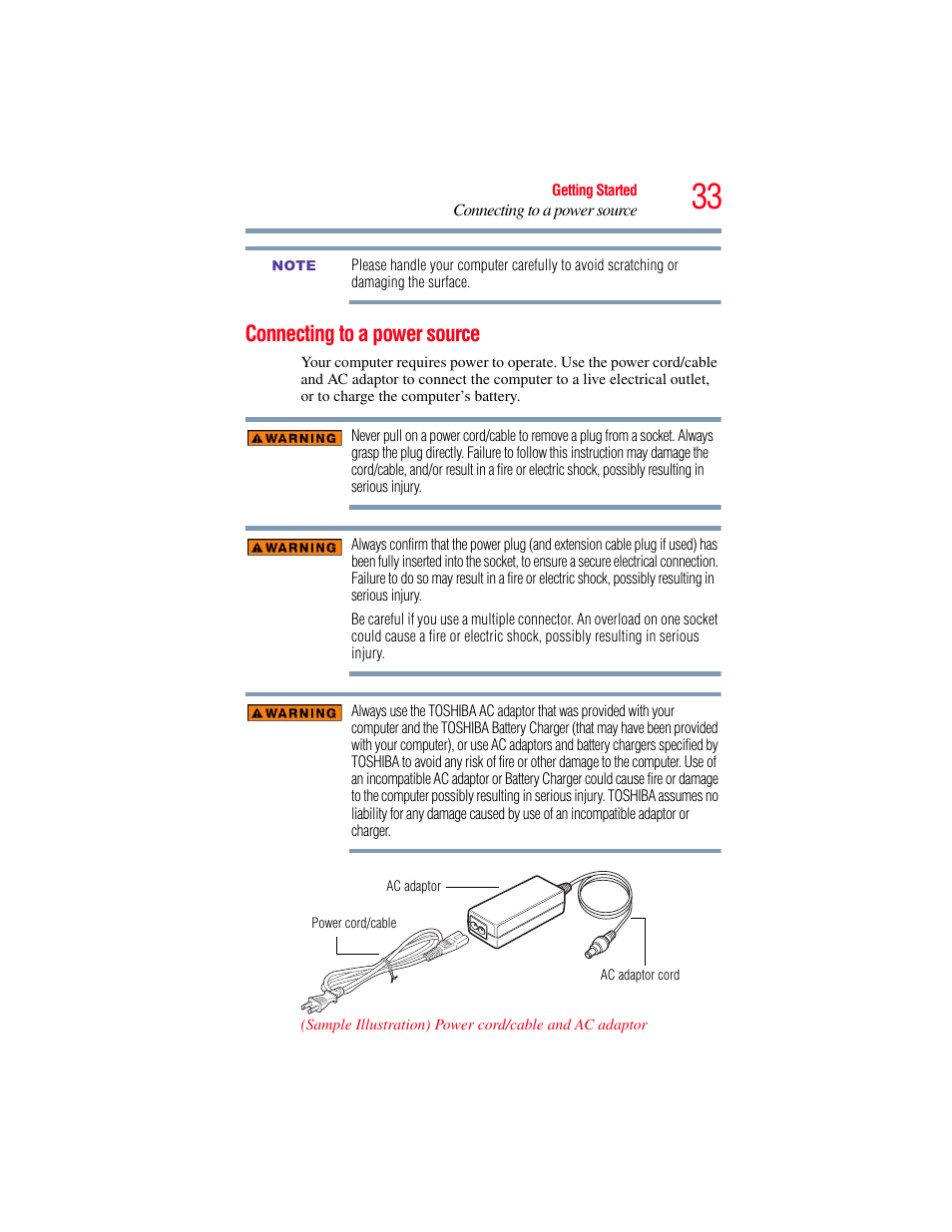 Connecting to a power source | Toshiba NB250 User Manual | Page 33 / 197