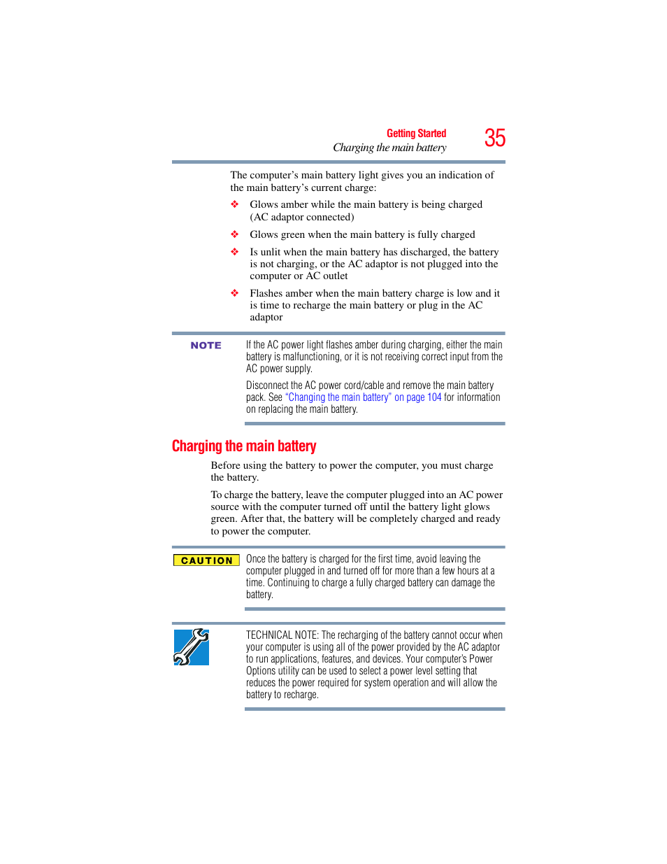 Charging the main battery | Toshiba NB250 User Manual | Page 35 / 197