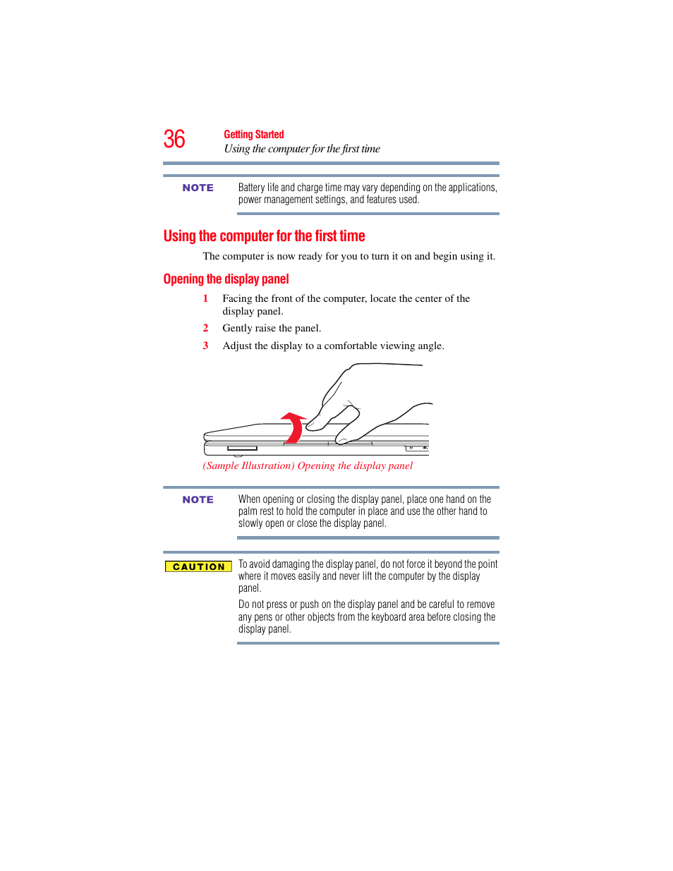 Using the computer for the first time, Opening the display panel | Toshiba NB250 User Manual | Page 36 / 197
