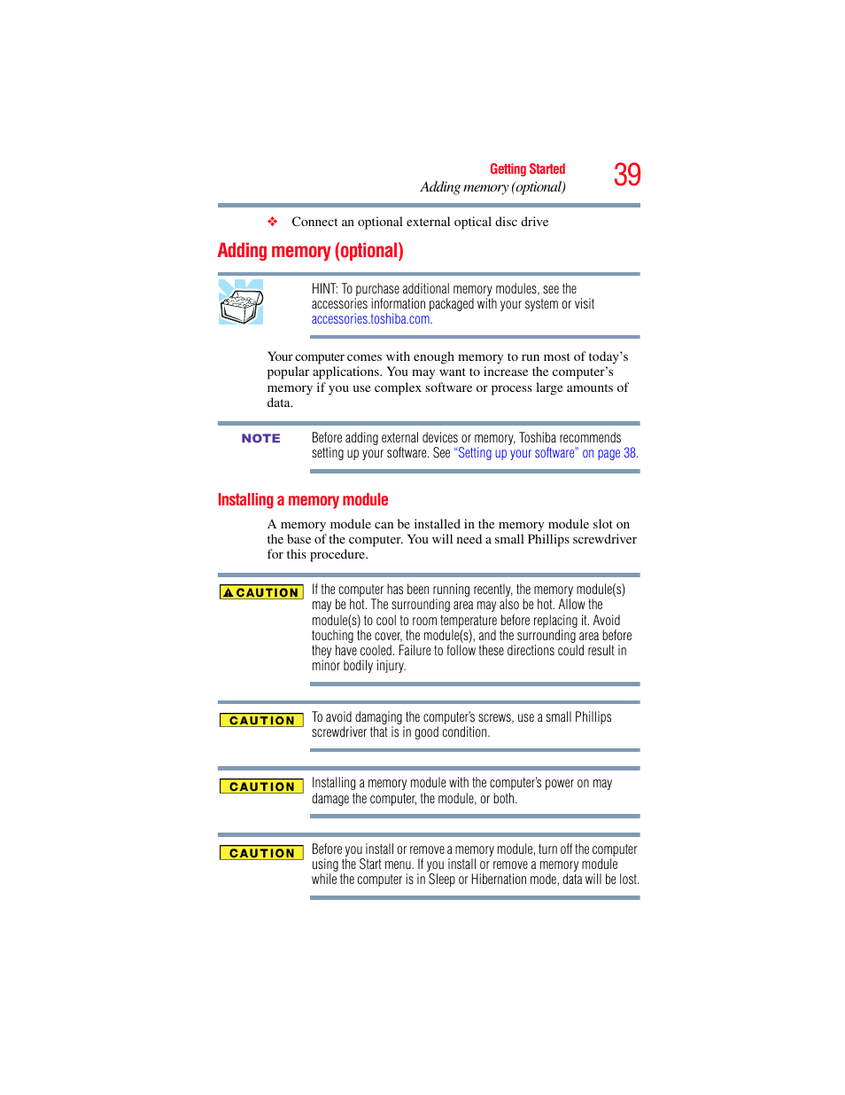 Adding memory (optional), Installing a memory module, Adding memory (optional)” on | Toshiba NB250 User Manual | Page 39 / 197