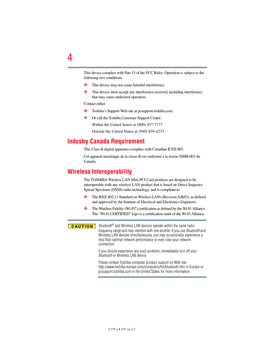 Industry canada requirement, Wireless interoperability | Toshiba NB250 User Manual | Page 4 / 197