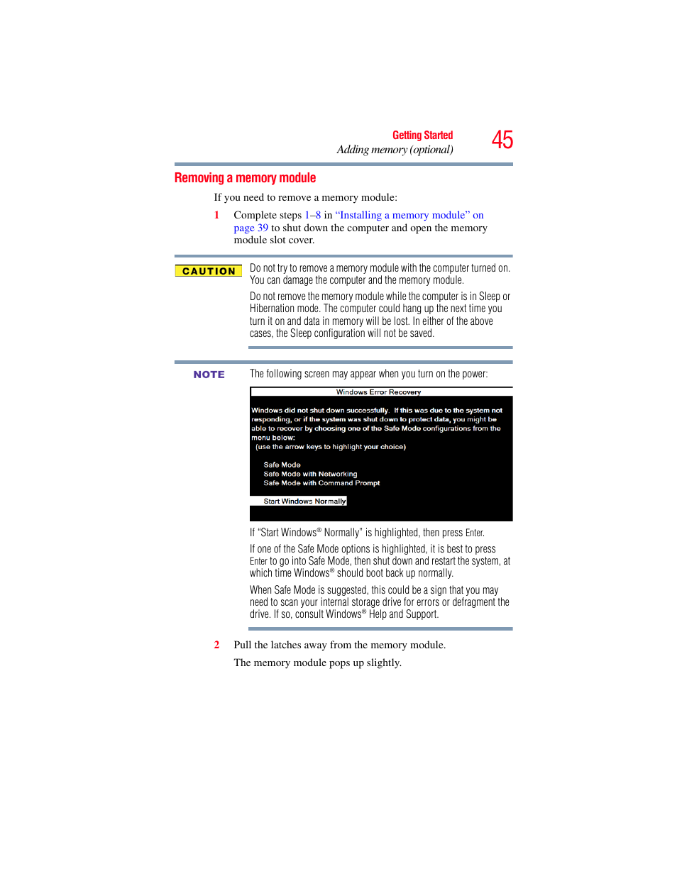 Removing a memory module, Removing a memory | Toshiba NB250 User Manual | Page 45 / 197