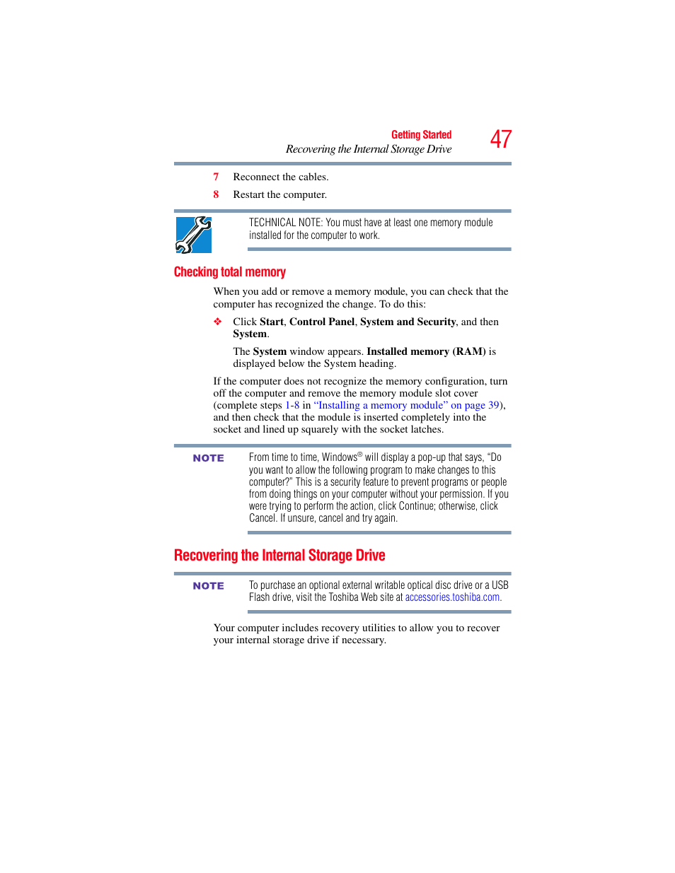 Checking total memory, Recovering the internal storage drive | Toshiba NB250 User Manual | Page 47 / 197