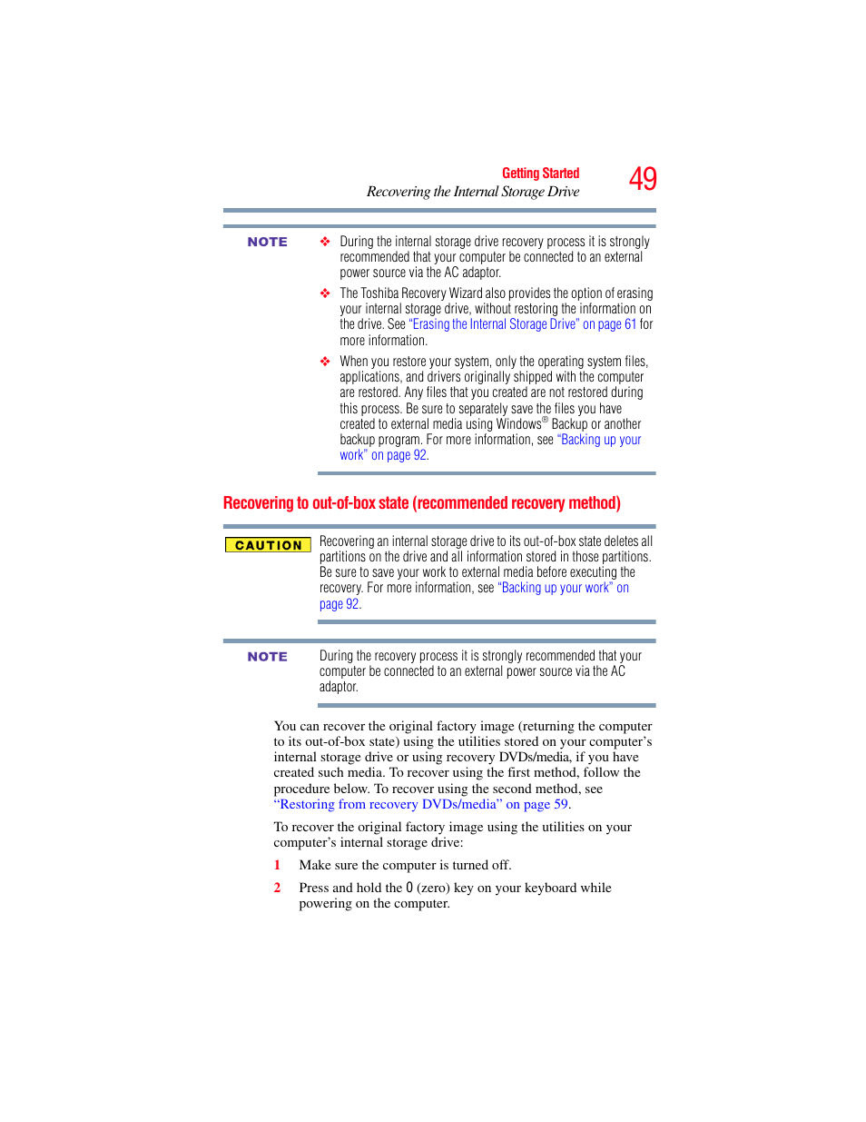 Recovering to out-of-box state, Recommended recovery method), Recovering to out-of-box state (recommended | Toshiba NB250 User Manual | Page 49 / 197
