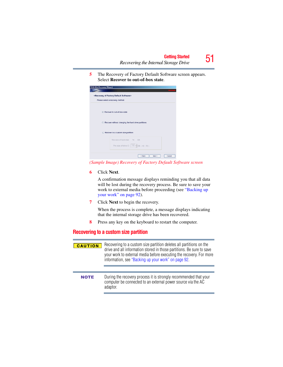 Recovering to a custom size partition | Toshiba NB250 User Manual | Page 51 / 197