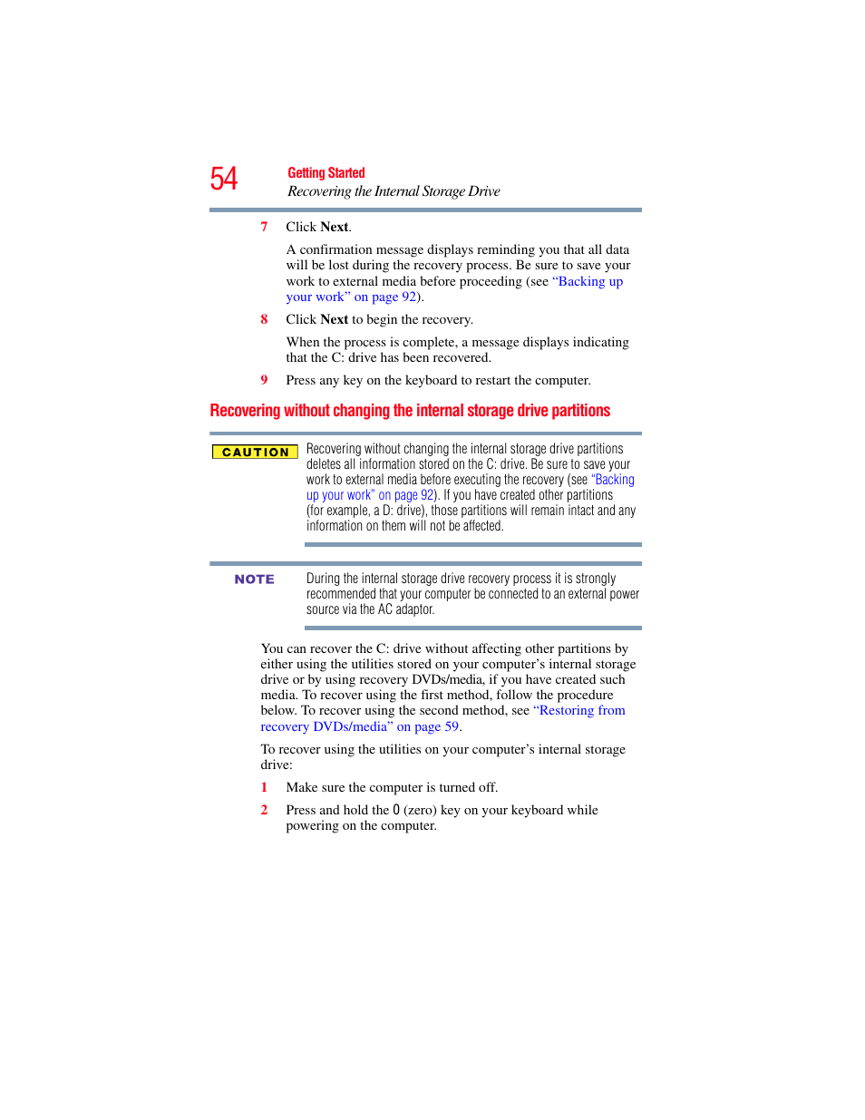 Recovering without changing the internal, Storage drive partitions, Recovering without changing the internal storage | Toshiba NB250 User Manual | Page 54 / 197