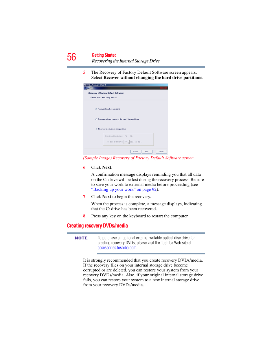 Creating recovery dvds/media, Creating recovery | Toshiba NB250 User Manual | Page 56 / 197