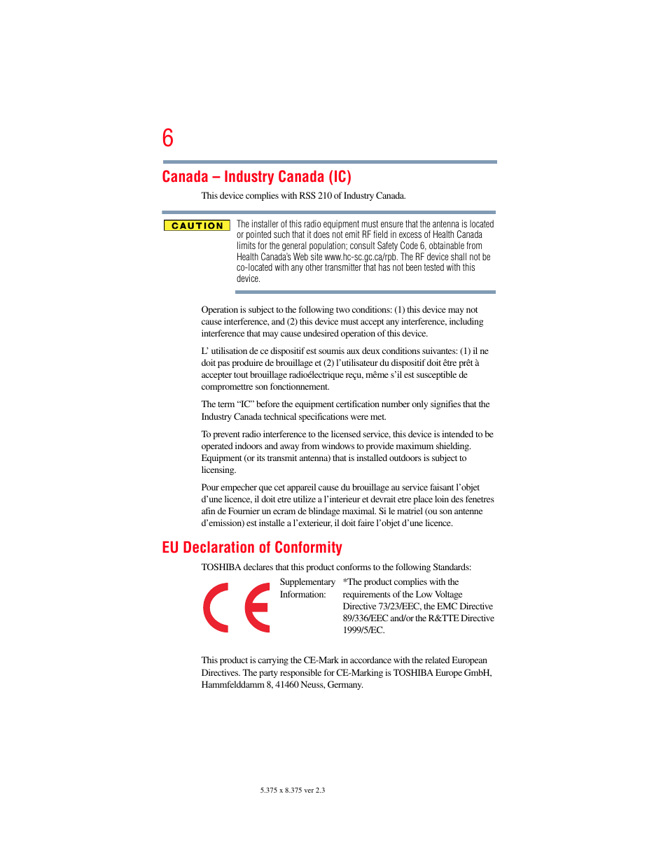 Canada – industry canada (ic), Eu declaration of conformity | Toshiba NB250 User Manual | Page 6 / 197