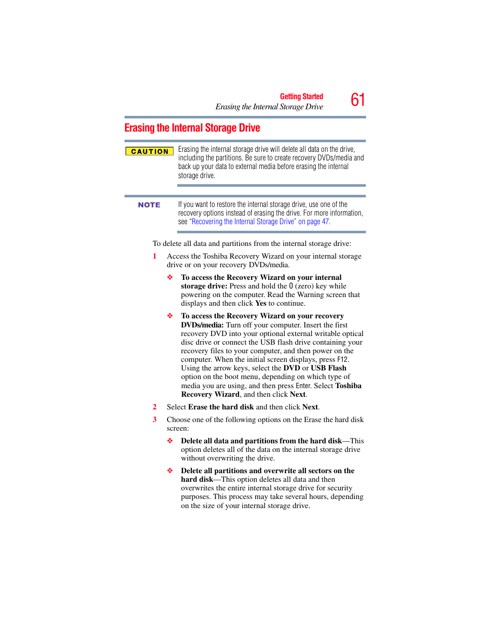 Erasing the internal storage drive | Toshiba NB250 User Manual | Page 61 / 197