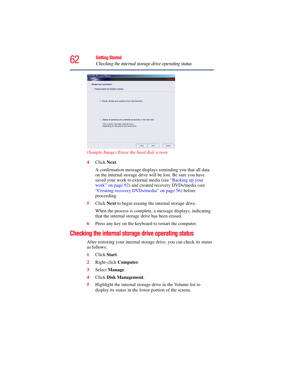 Checking the internal storage drive operating, Status | Toshiba NB250 User Manual | Page 62 / 197