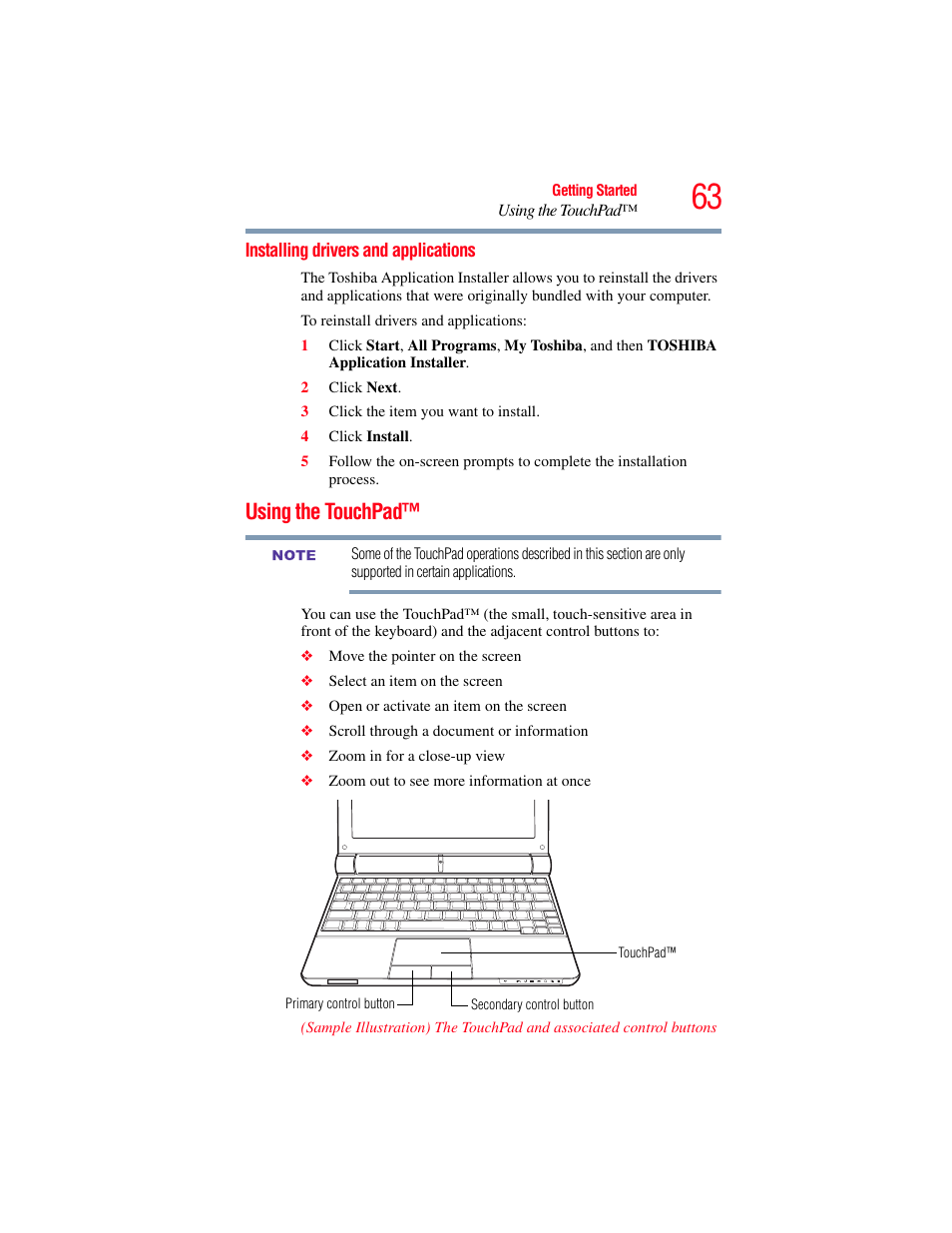 Installing drivers and applications, Using the touchpad | Toshiba NB250 User Manual | Page 63 / 197