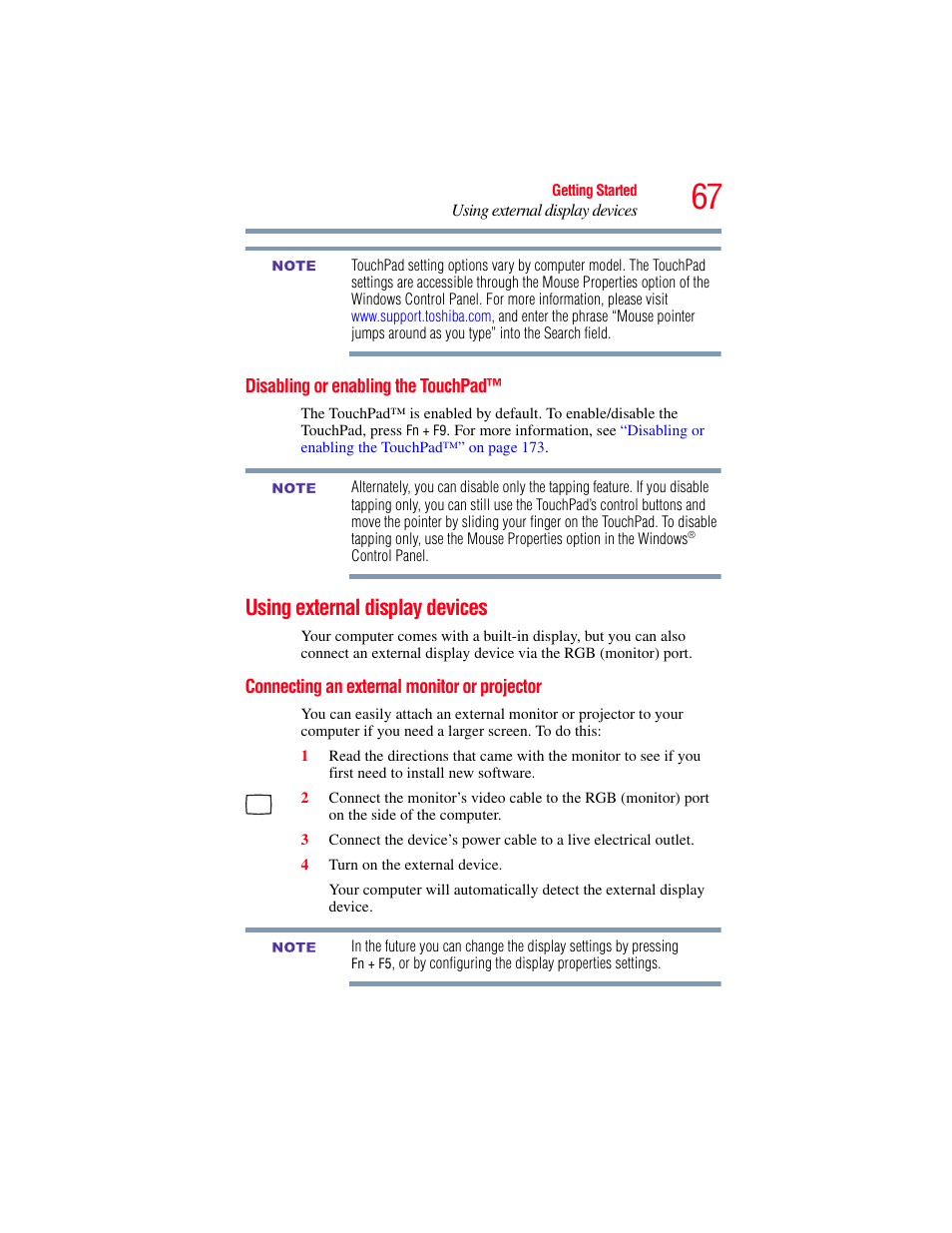 Disabling or enabling the touchpad, Using external display devices, Connecting an external monitor or projector | Connecting an external monitor or, Projector, Using external display | Toshiba NB250 User Manual | Page 67 / 197