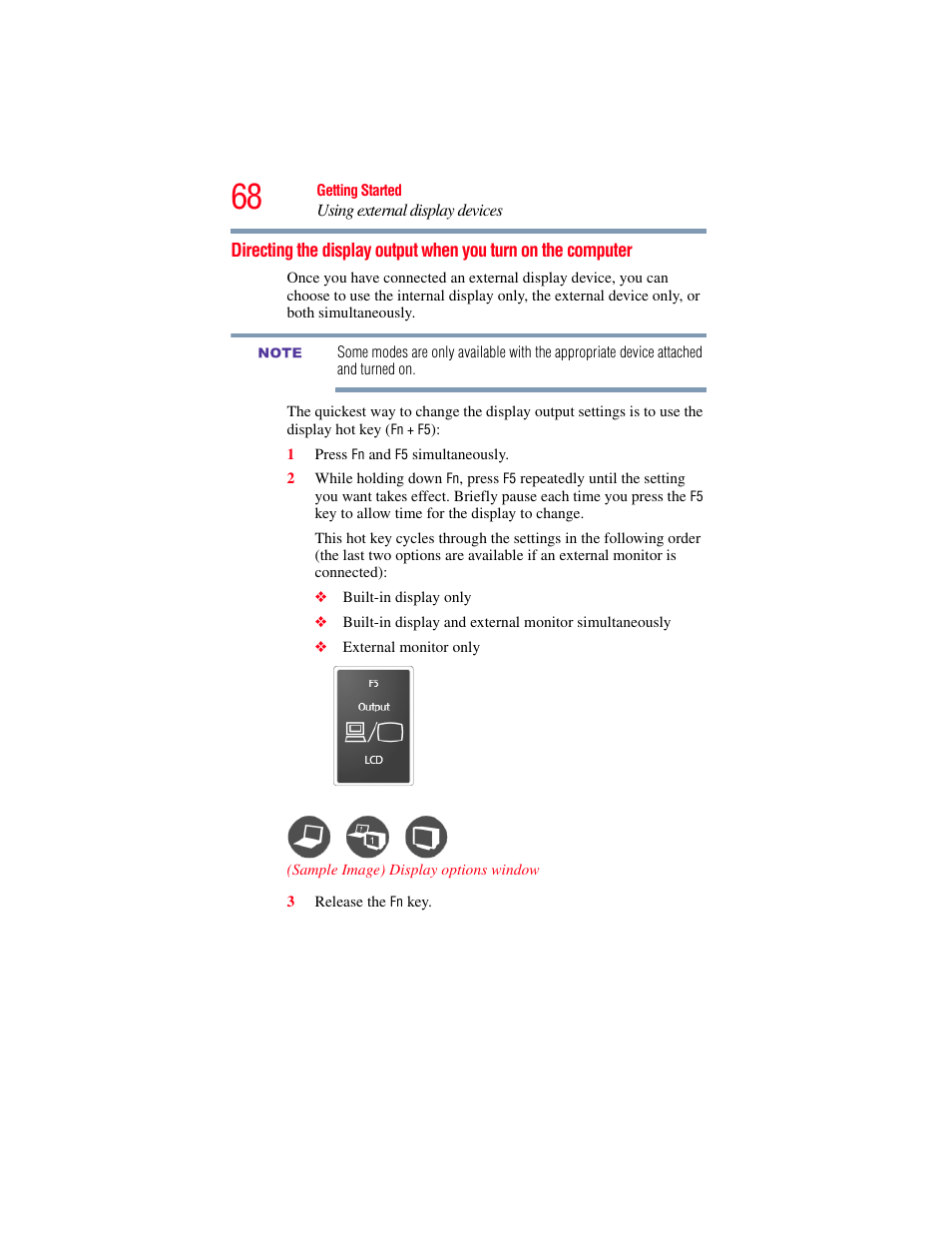 Directing the display output when you, Turn on the computer | Toshiba NB250 User Manual | Page 68 / 197