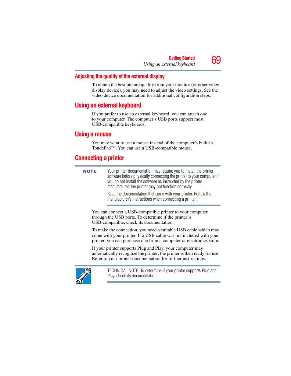 Adjusting the quality of the external display, Using an external keyboard, Using a mouse | Connecting a printer, Yboard (see, Using an external | Toshiba NB250 User Manual | Page 69 / 197