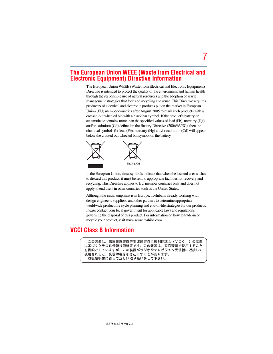 Vcci class b information | Toshiba NB250 User Manual | Page 7 / 197