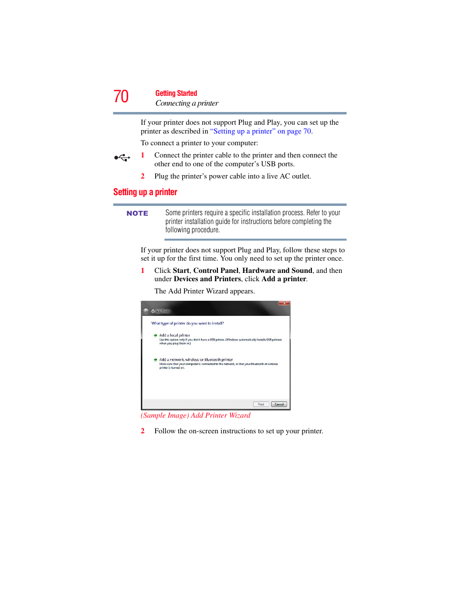 Setting up a printer | Toshiba NB250 User Manual | Page 70 / 197