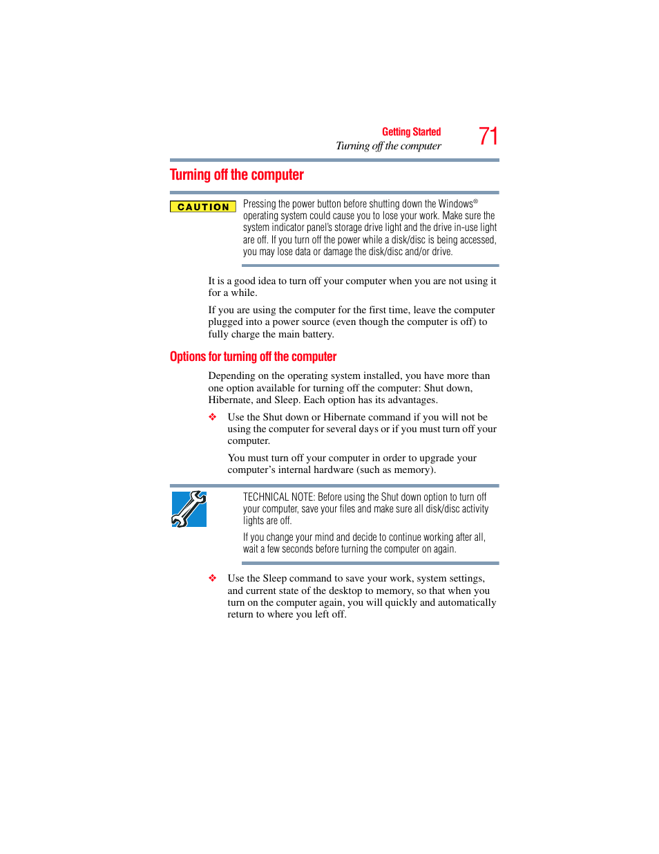 Turning off the computer, Options for turning off the computer | Toshiba NB250 User Manual | Page 71 / 197