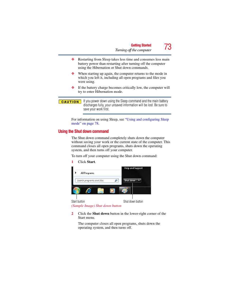 Using the shut down command | Toshiba NB250 User Manual | Page 73 / 197