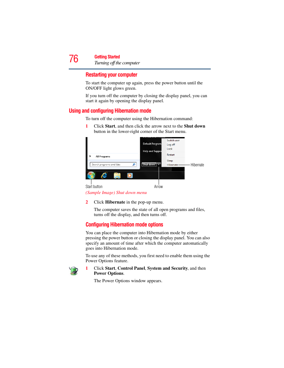 Using and configuring hibernation mode | Toshiba NB250 User Manual | Page 76 / 197