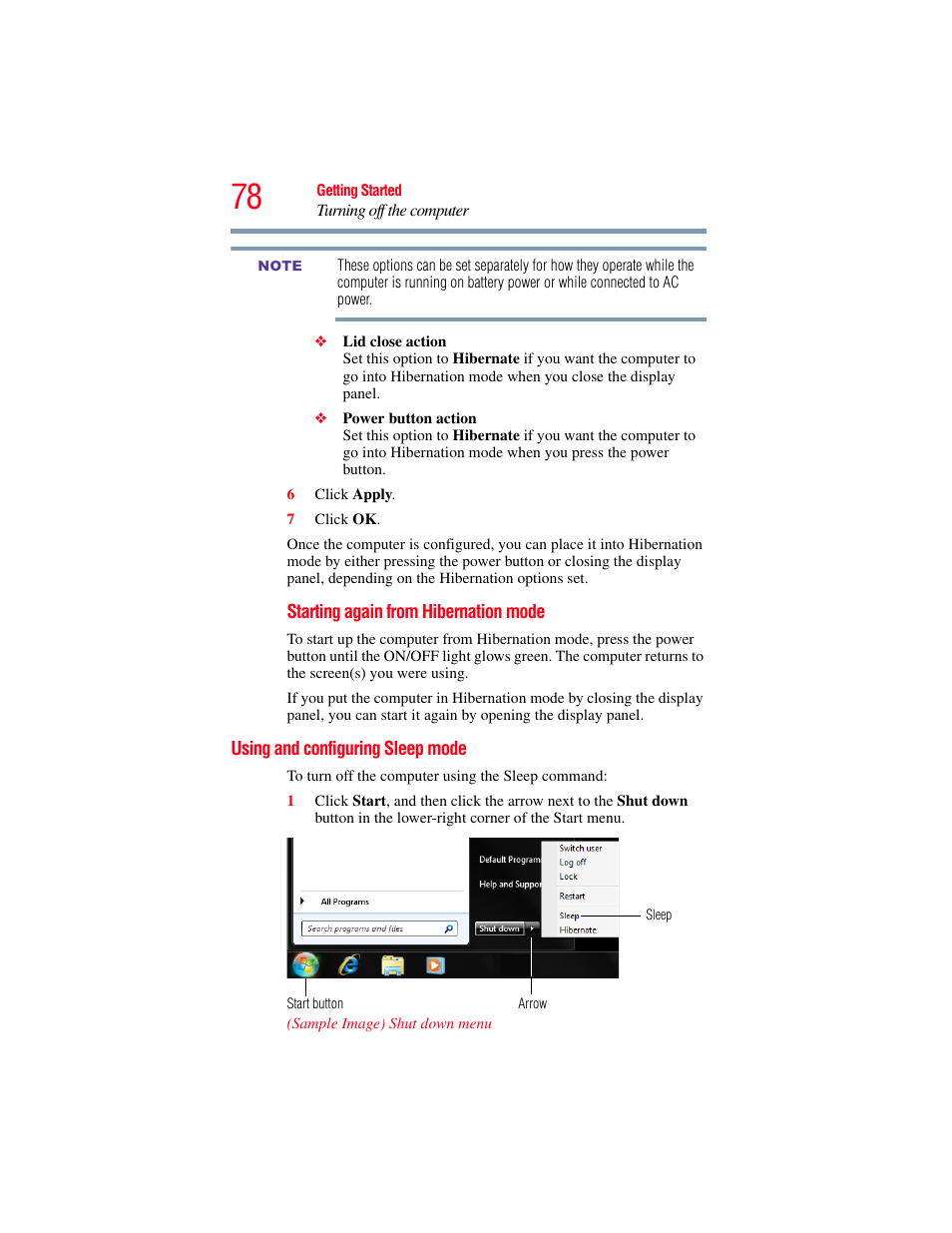 Using and configuring sleep mode | Toshiba NB250 User Manual | Page 78 / 197