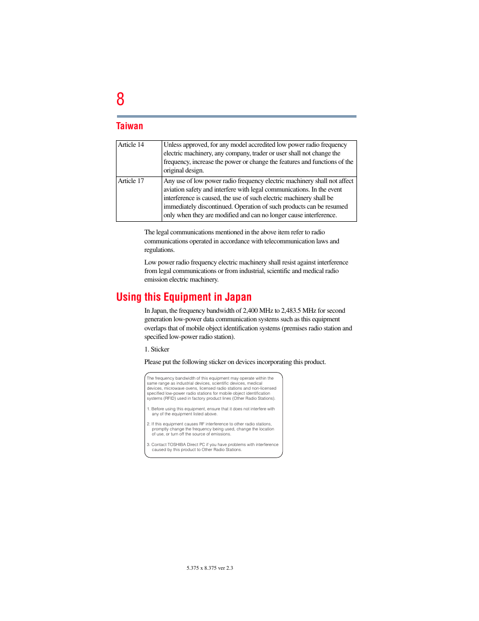 Using this equipment in japan, Taiwan | Toshiba NB250 User Manual | Page 8 / 197