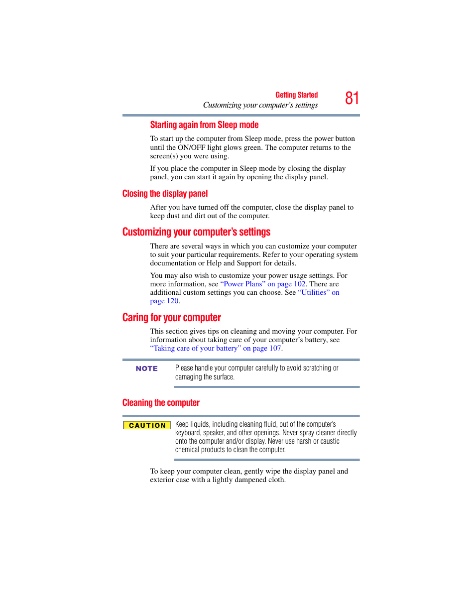 Closing the display panel, Customizing your computer’s settings, Caring for your computer | Cleaning the computer | Toshiba NB250 User Manual | Page 81 / 197