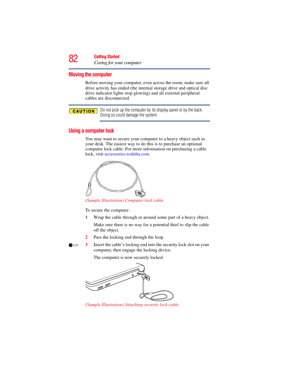 Moving the computer, Using a computer lock, Moving the computer using a computer lock | Toshiba NB250 User Manual | Page 82 / 197