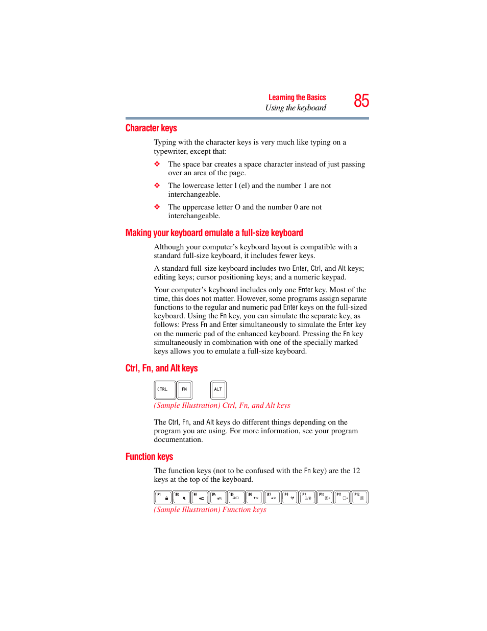 Character keys, Making your keyboard emulate a full-size keyboard, Ctrl, fn, and alt keys | Function keys, Keyboard, Ctrl, fn, and alt keys function keys | Toshiba NB250 User Manual | Page 85 / 197
